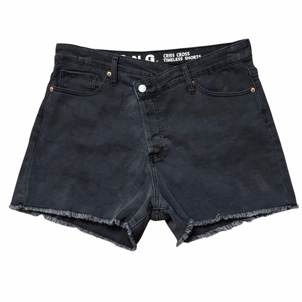 SONG Criss Cross Timeless Black Denim Shorts High Rise Raw Hem Size 13/31